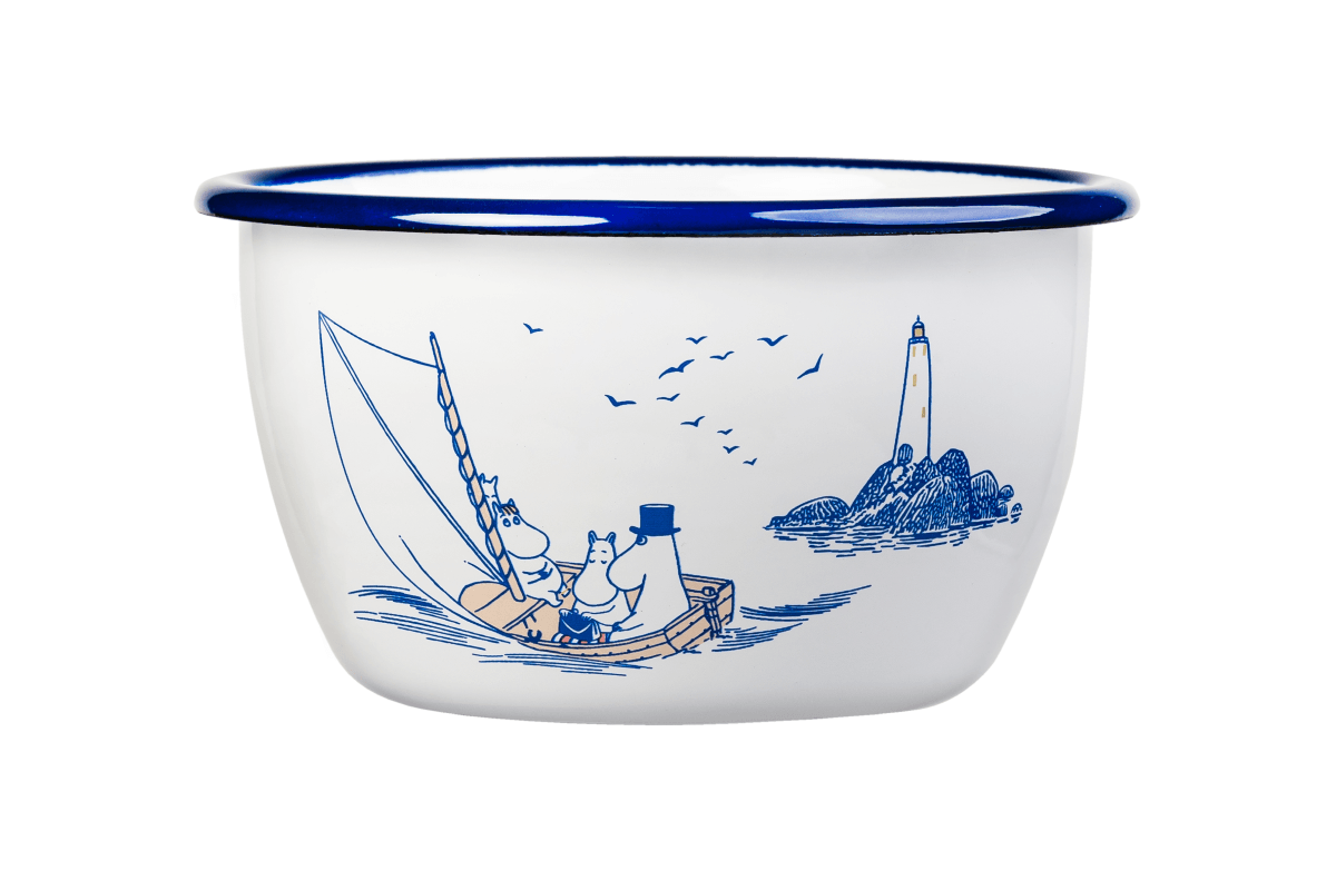 a blue and white bowl with a picture of two people on a boat